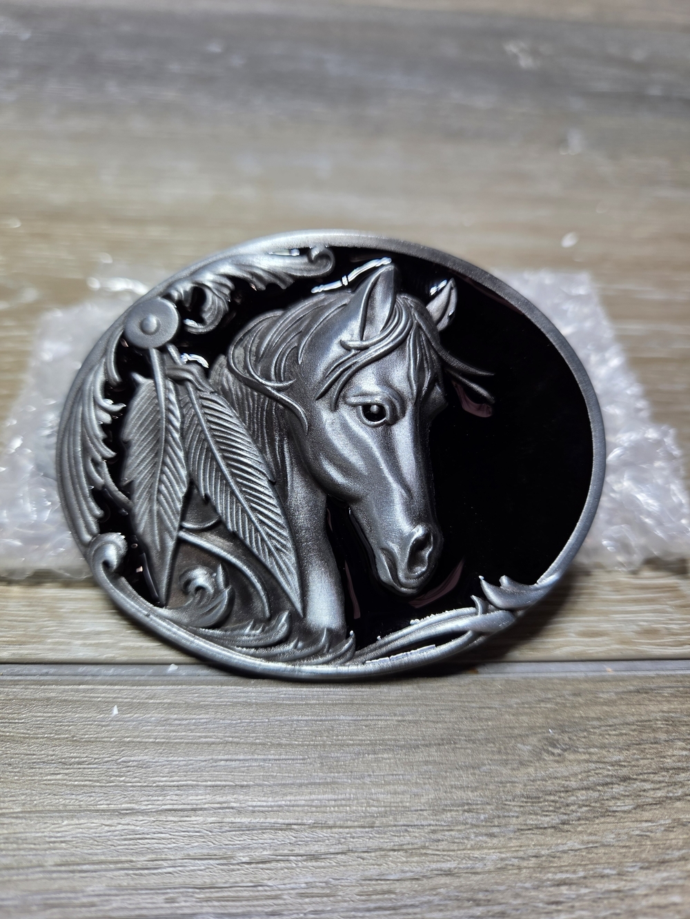 Western Horse Head Feather Oval Metal Belt Buckle Silver Black